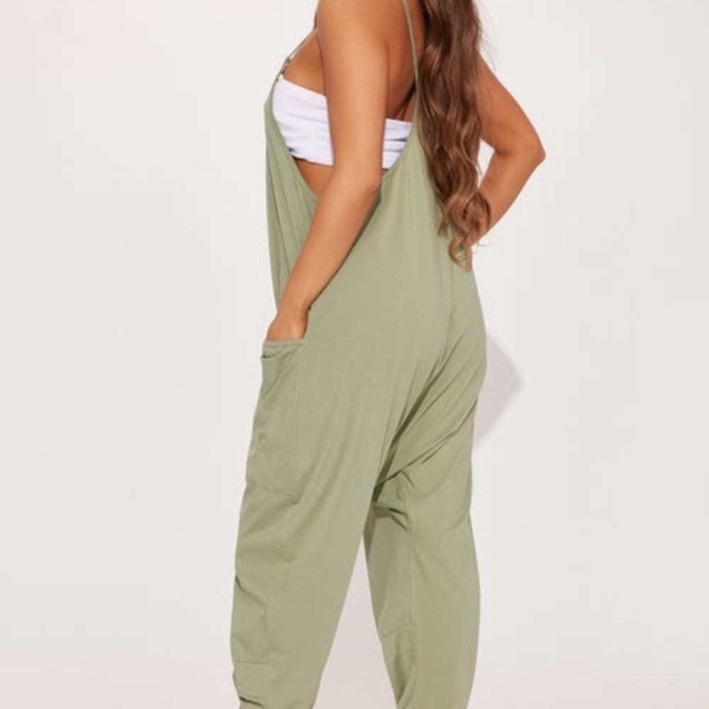 NWT Sage Green Harem Jumpsuit - M - Boho Coastal Gorpcore Overall Romper